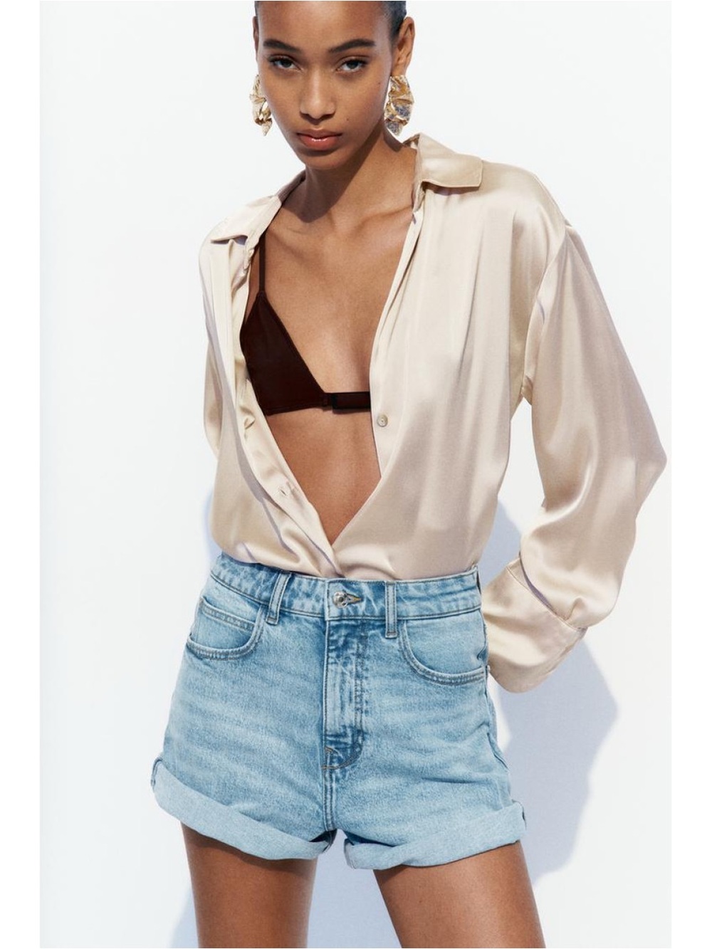 ZARA champagne beige satin blouse sz XL